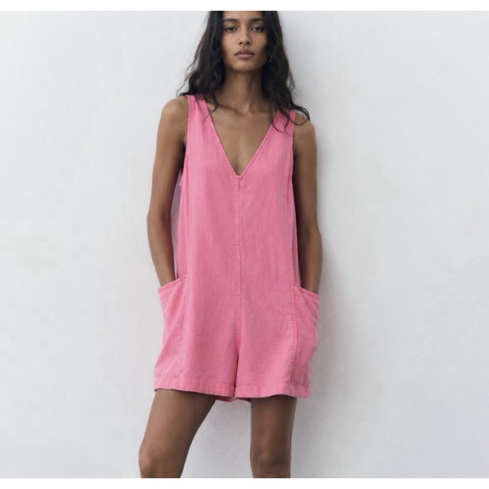Athleta Retreat 100% Linen Romper Pink Women's Size XL Vacation Minimalist